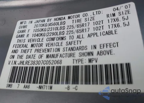 2007 Honda Cr-V Lx из США, поврежденный, VIN JHLRE38307C052068